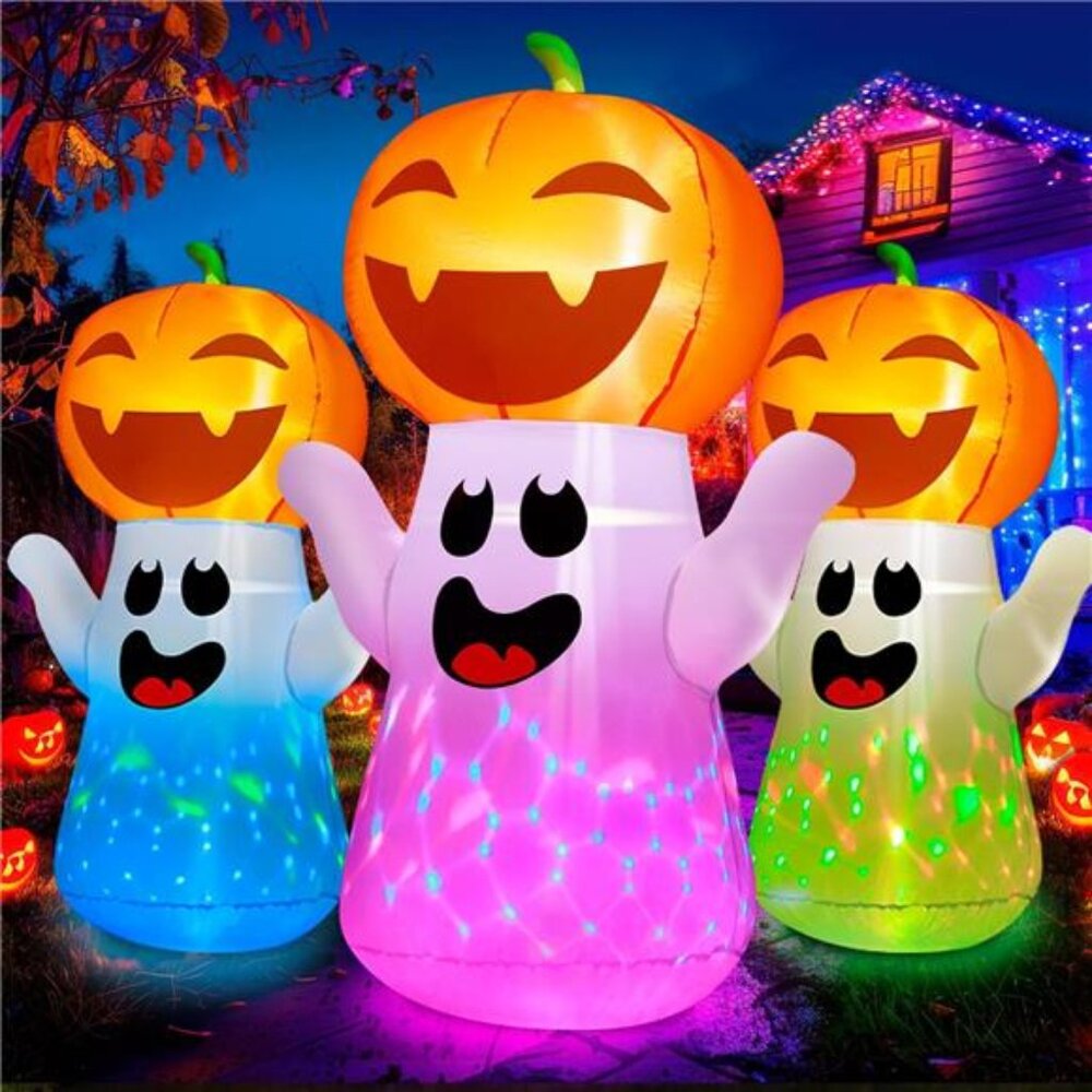 5FT Halloween Inflatables Pumpkin Ghost Built-in 3-Pattern Colorful Flashing